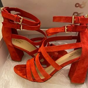 Red strappy chunky heels